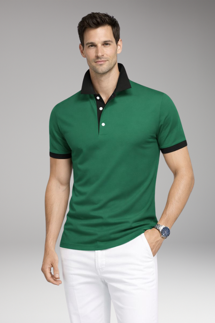 Men's Polo Shirt with Contrasting Collar and Buttoned Placket