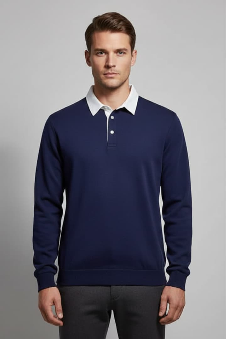 Men's Polo Sweater with Turn-Down Collar and Long Sleeves