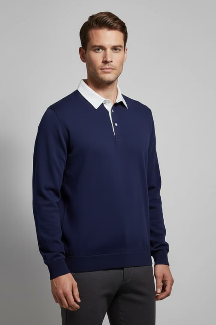 Men's Polo Sweater with Turn-Down Collar and Long Sleeves