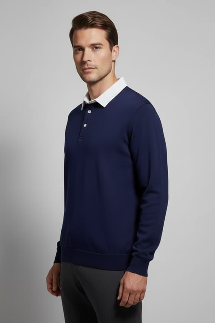 Men's Polo Sweater with Turn-Down Collar and Long Sleeves