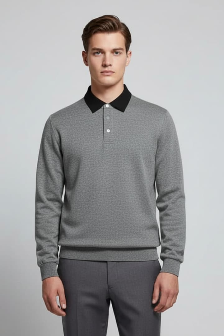 Men's Polo Sweater with Turn-Down Collar and Long Sleeves