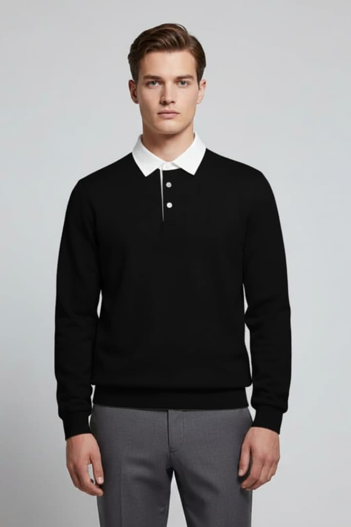 Men's Polo Sweater with Turn-Down Collar and Long Sleeves