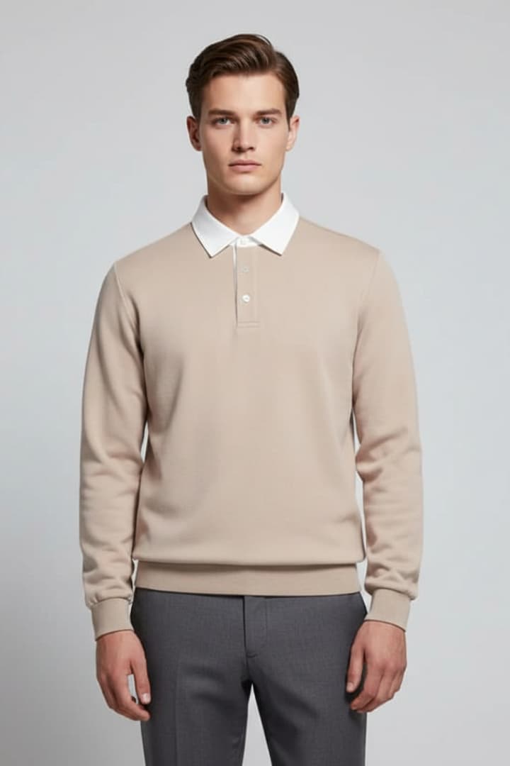Men's Polo Sweater with Turn-Down Collar and Long Sleeves