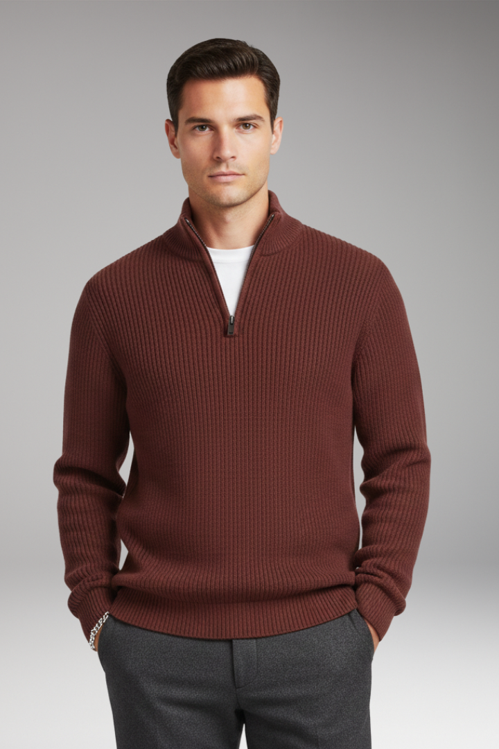 Men's Pullover with Half-Zip Neckline and Ribbed Texture