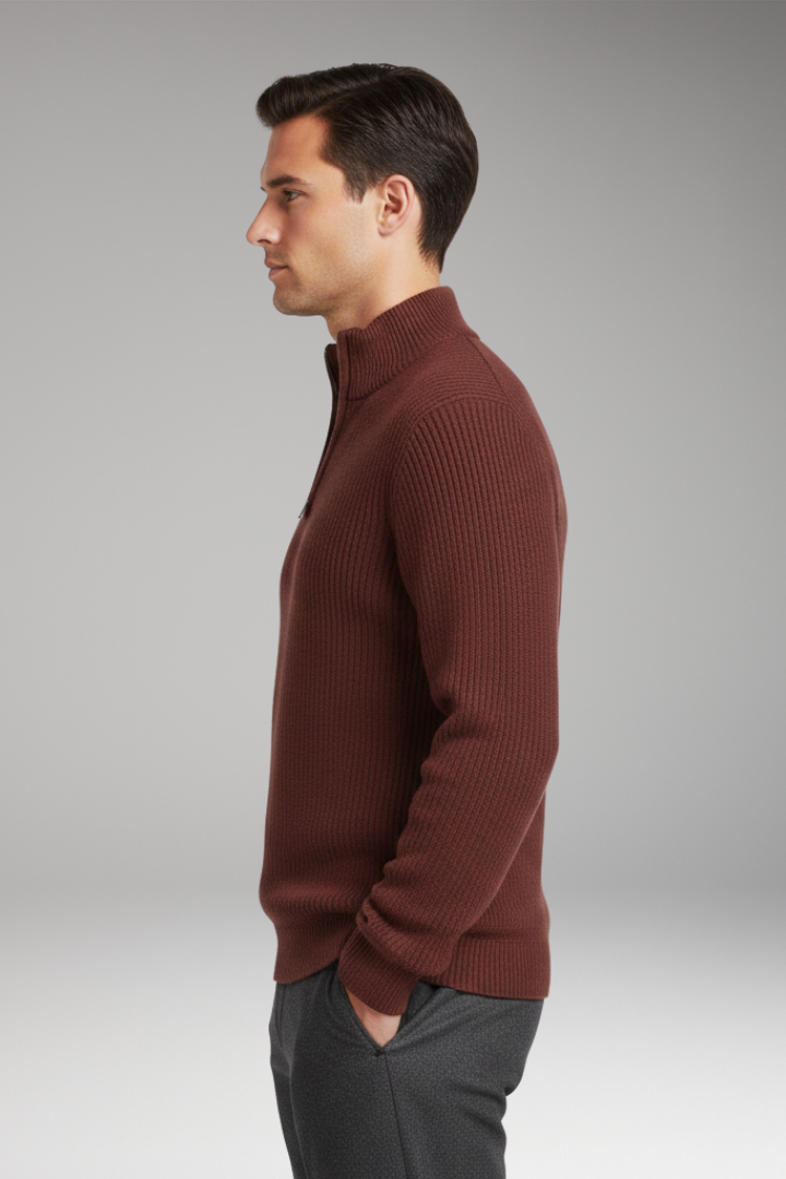 Men's Pullover with Half-Zip Neckline and Ribbed Texture