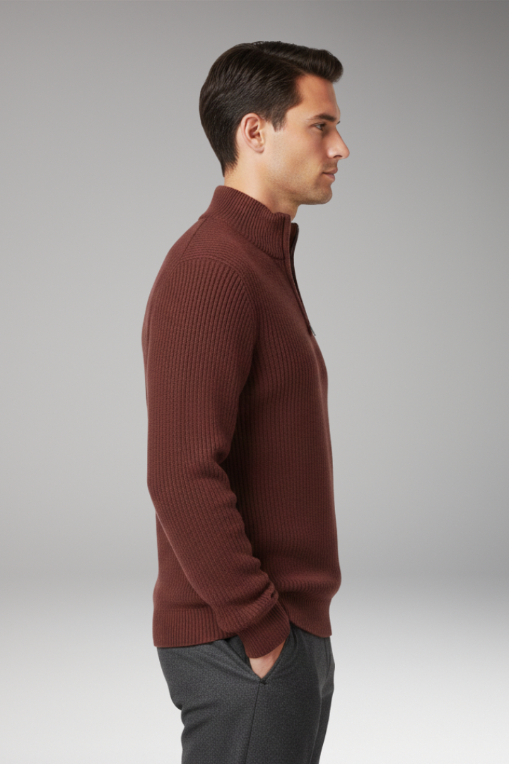 Men's Pullover with Half-Zip Neckline and Ribbed Texture