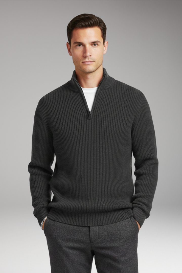 Men's Pullover with Half-Zip Neckline and Ribbed Texture