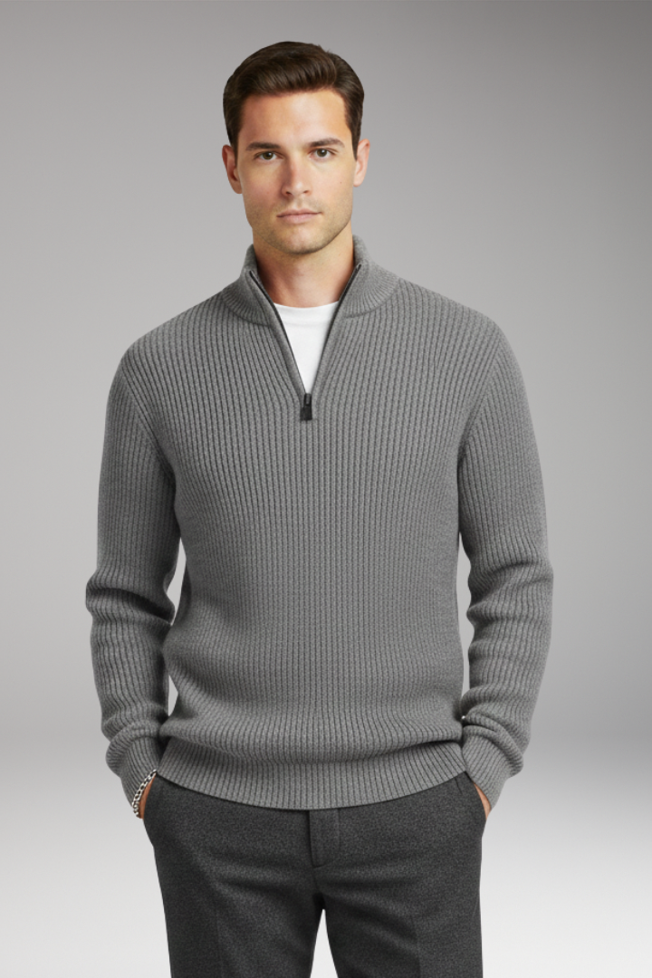 Men's Pullover with Half-Zip Neckline and Ribbed Texture