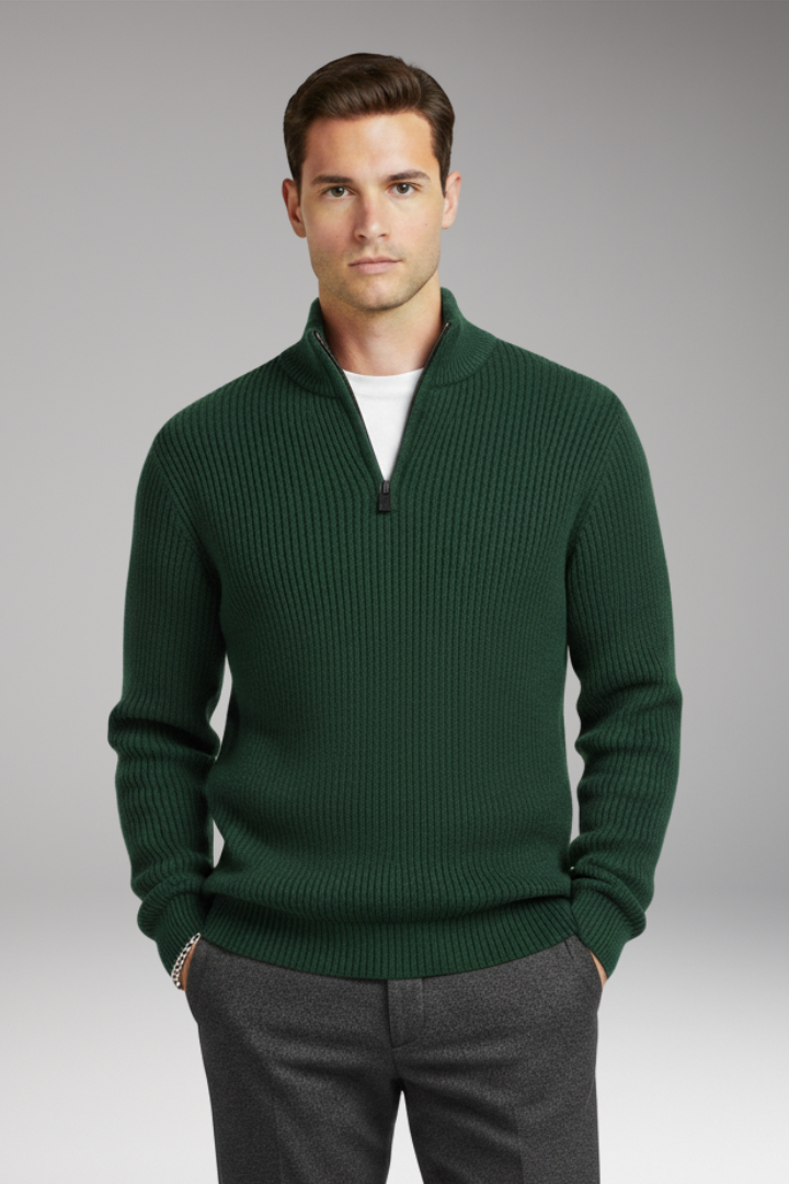 Men's Pullover with Half-Zip Neckline and Ribbed Texture