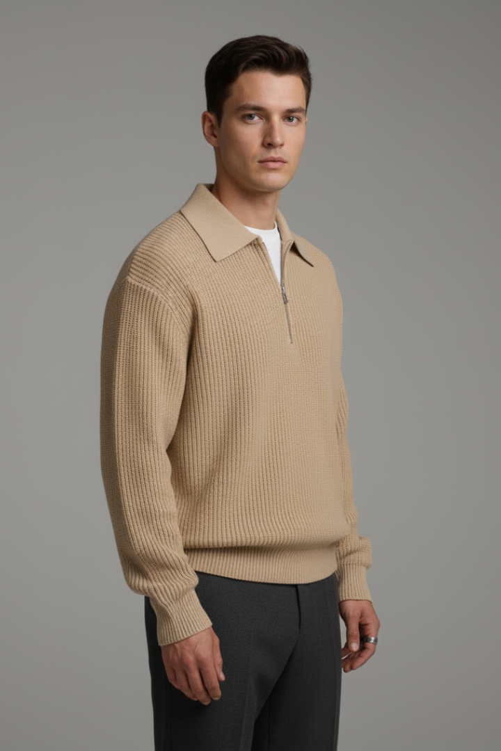 Men's Quarter-Zip Sweater with Jacquard Knit and Straight Fit