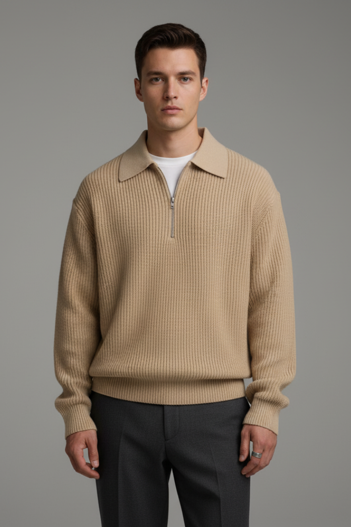 Men's Quarter-Zip Sweater with Jacquard Knit and Straight Fit