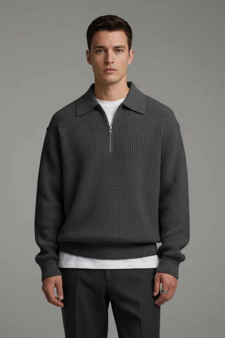 Men's Quarter-Zip Sweater with Jacquard Knit and Straight Fit