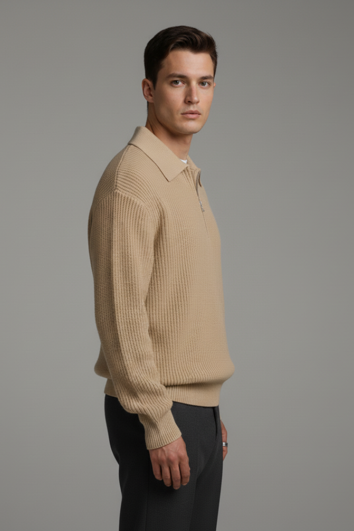 Men's Quarter-Zip Sweater with Jacquard Knit and Straight Fit