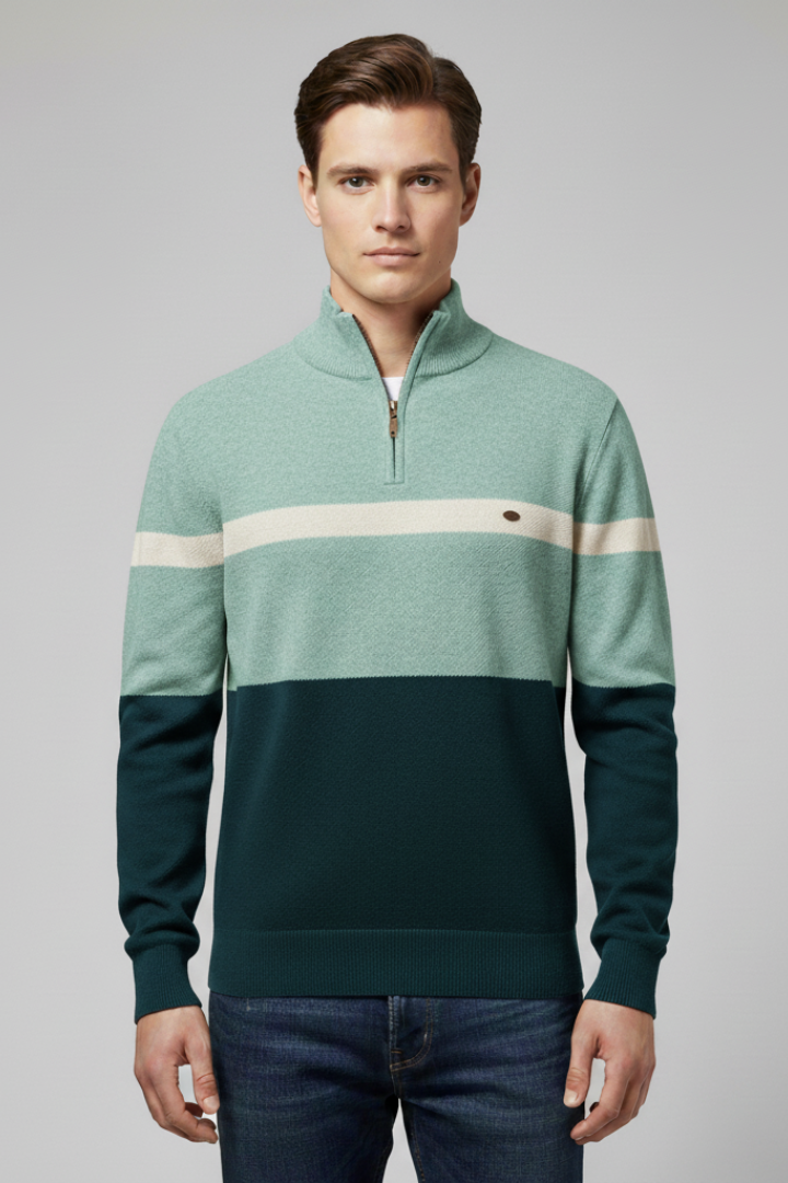 Men's Quarter-Zip Sweater with Mock Neck and Stripe Pattern