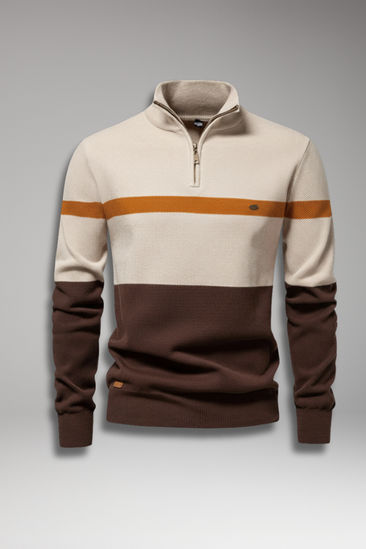 Men's Quarter-Zip Sweater with Mock Neck and Stripe Pattern