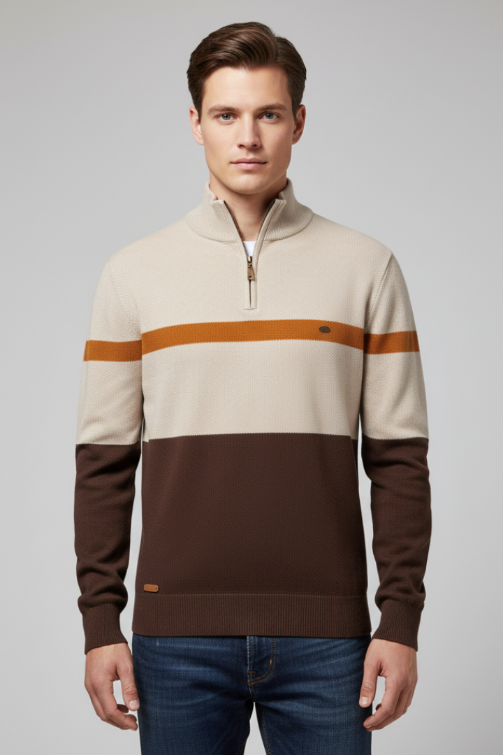 Men's Quarter-Zip Sweater with Mock Neck and Stripe Pattern