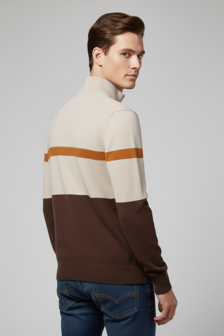 Men's Quarter-Zip Sweater with Mock Neck and Stripe Pattern