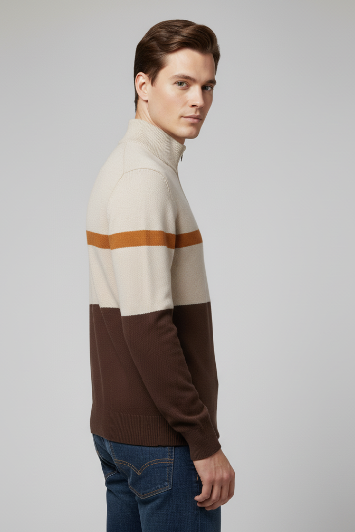 Men's Quarter-Zip Sweater with Mock Neck and Stripe Pattern
