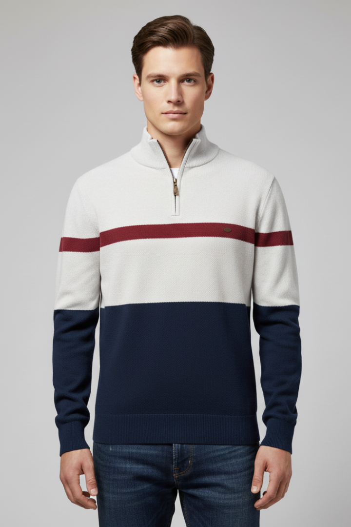 Men's Quarter-Zip Sweater with Mock Neck and Stripe Pattern