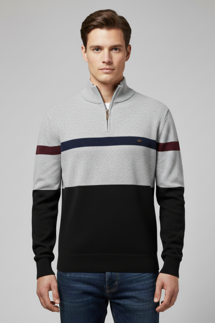 Men's Quarter-Zip Sweater with Mock Neck and Stripe Pattern