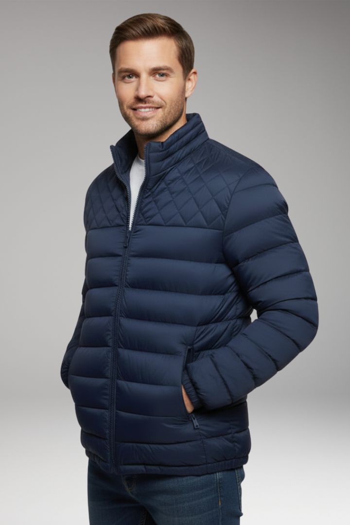 Men's Quilted Jacket with Hood and Textured Outer Layer