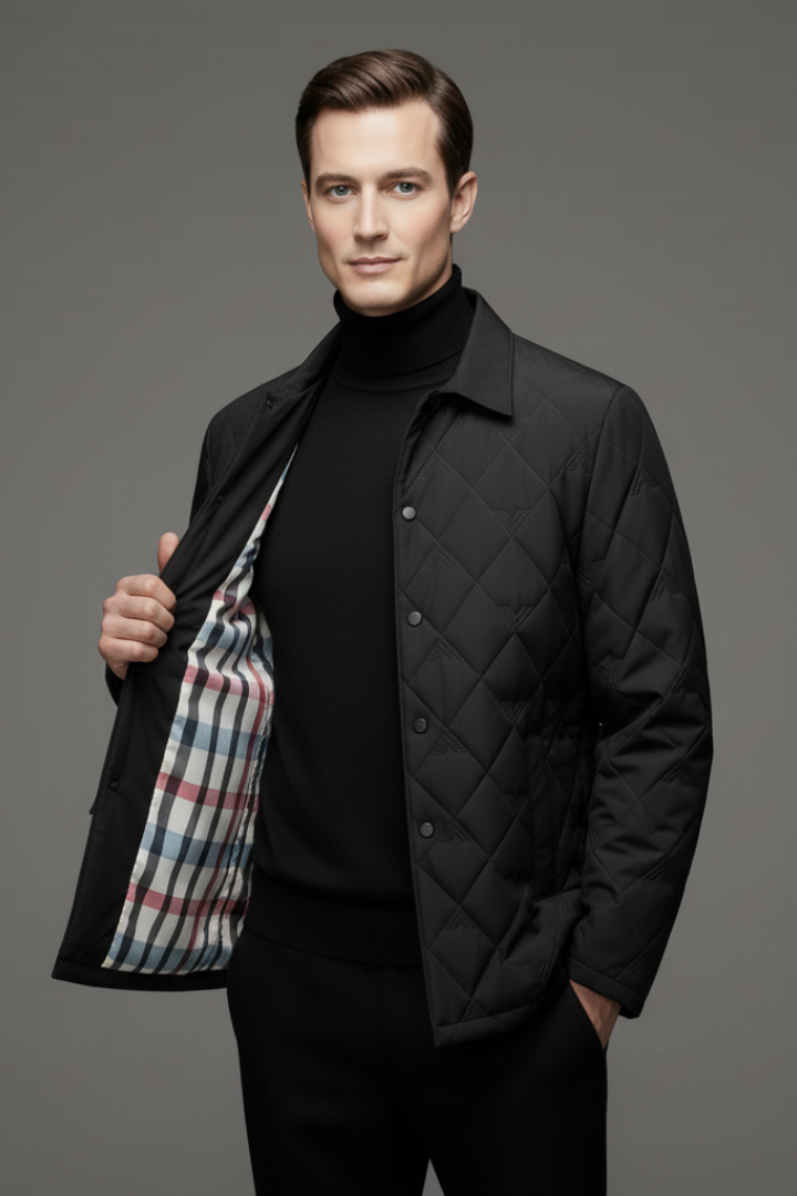 Men's Quilted Jacket with Snap Buttons and Padded Interior
