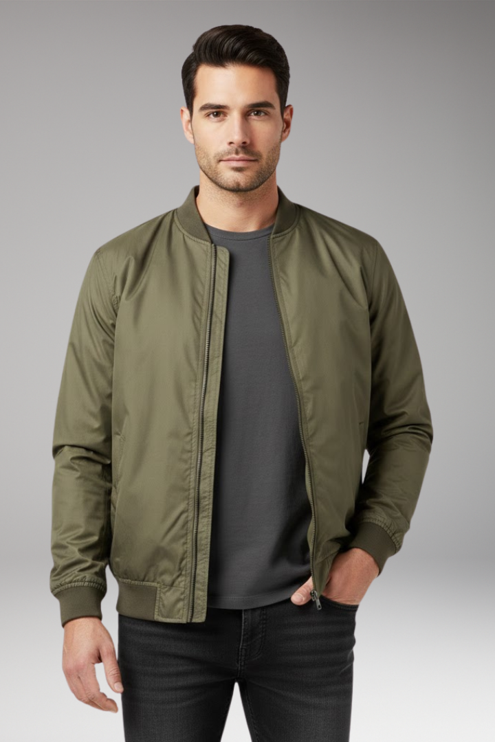Men's Retro Bomber Jacket with Zipper and Ribbed Edges