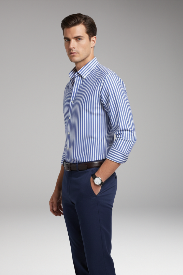 Men's Shirt with Buttoned Collar and Striped Surface