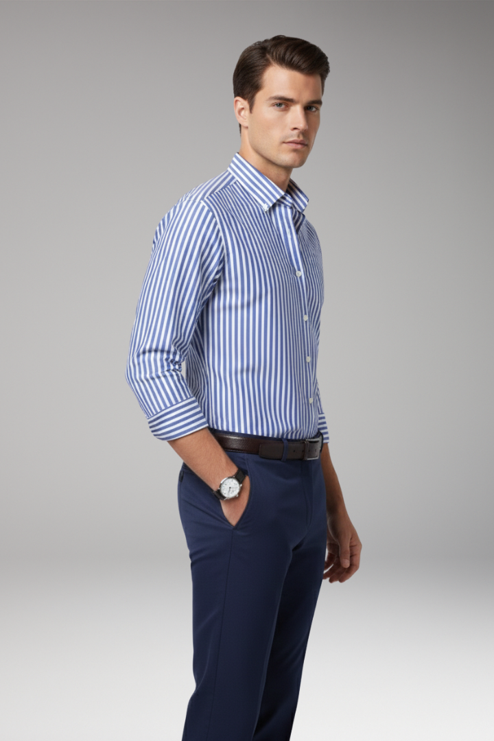 Men's Shirt with Buttoned Collar and Striped Surface