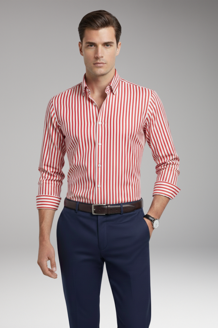 Men's Shirt with Buttoned Collar and Striped Surface