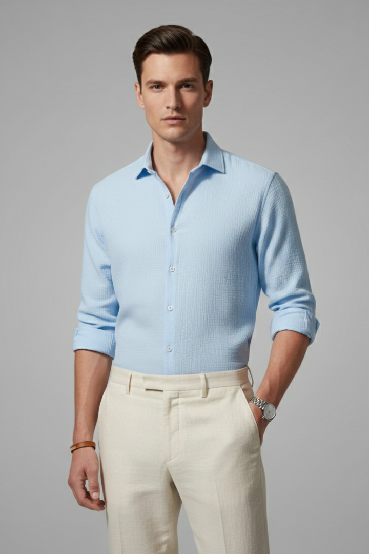 Men's Shirt with Italian Collar and Button Closure