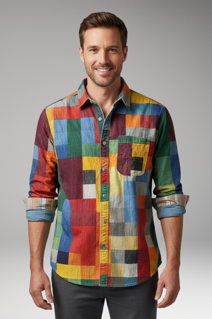 Men's Shirt with Patchwork Panels and Chest Pocket