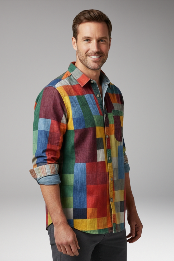 Men's Shirt with Patchwork Panels and Chest Pocket