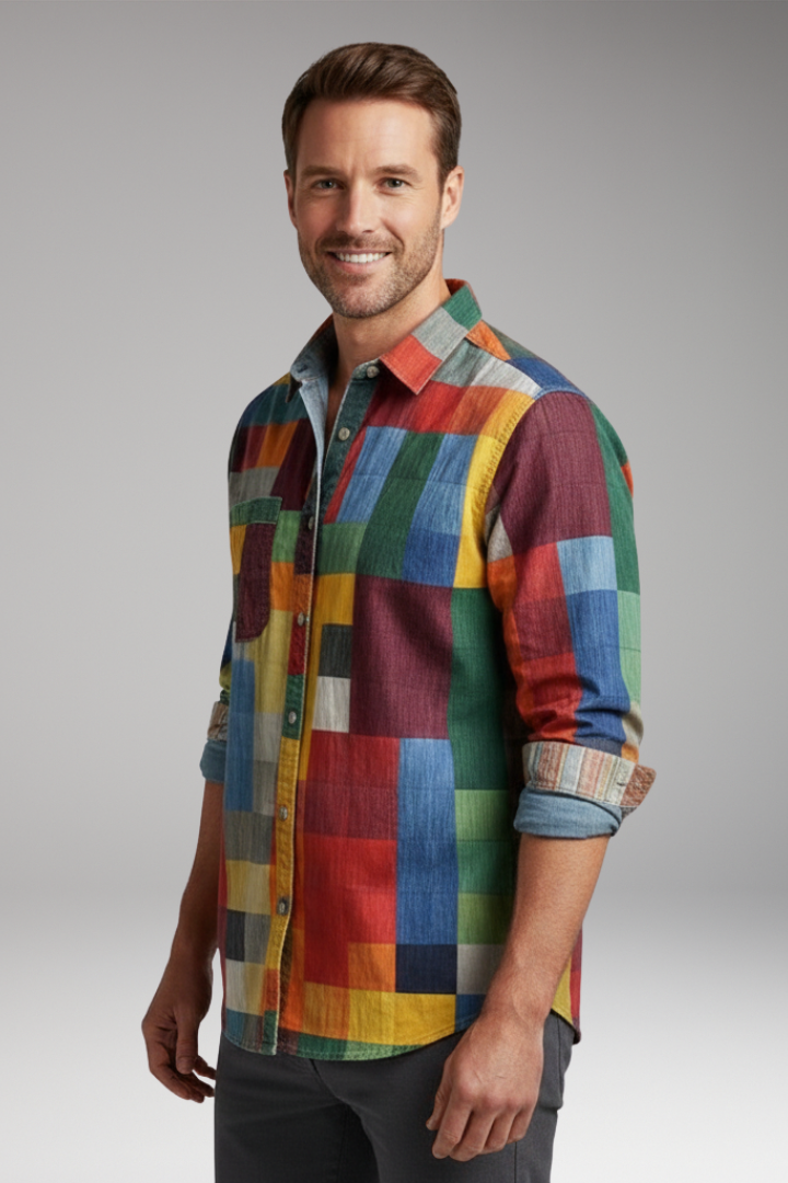 Men's Shirt with Patchwork Panels and Chest Pocket