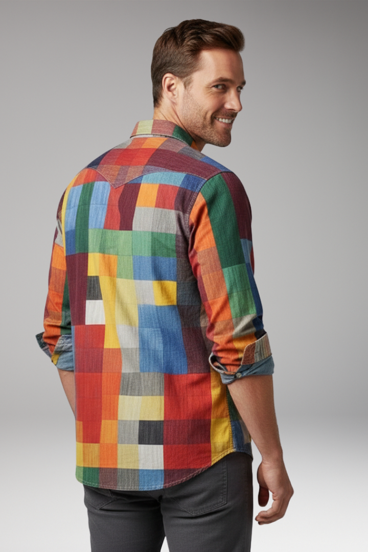 Men's Shirt with Patchwork Panels and Chest Pocket