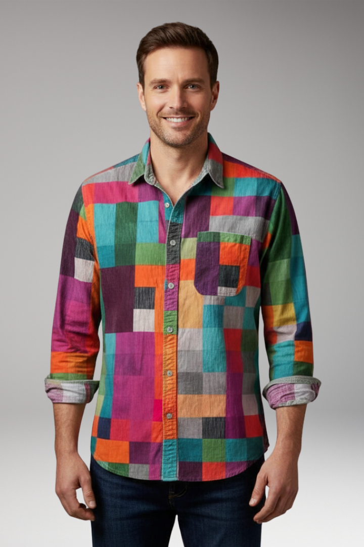 Men's Shirt with Patchwork Panels and Chest Pocket