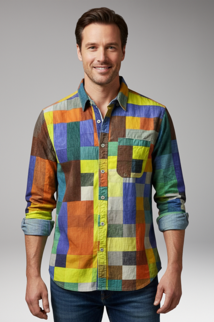 Men's Shirt with Patchwork Panels and Chest Pocket