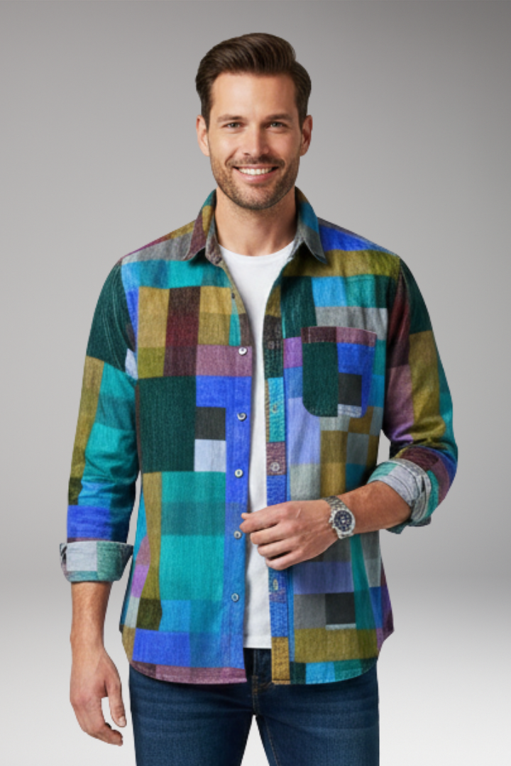 Men's Shirt with Patchwork Panels and Chest Pocket