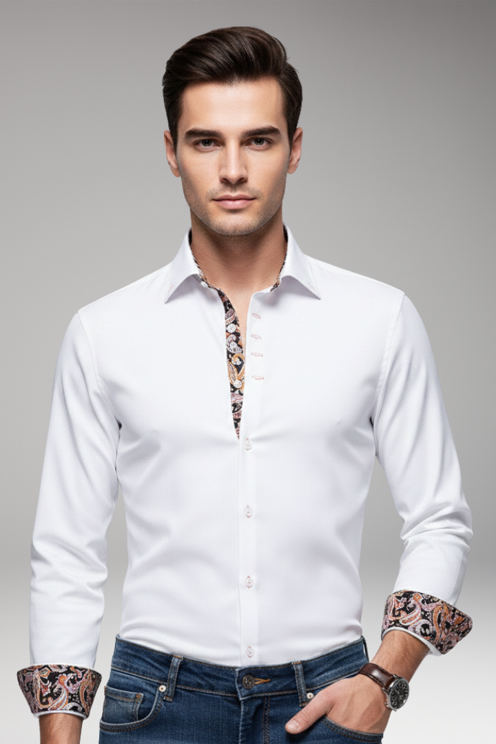 Men's Shirt with Patterned Collar and Buttoned Cuffs