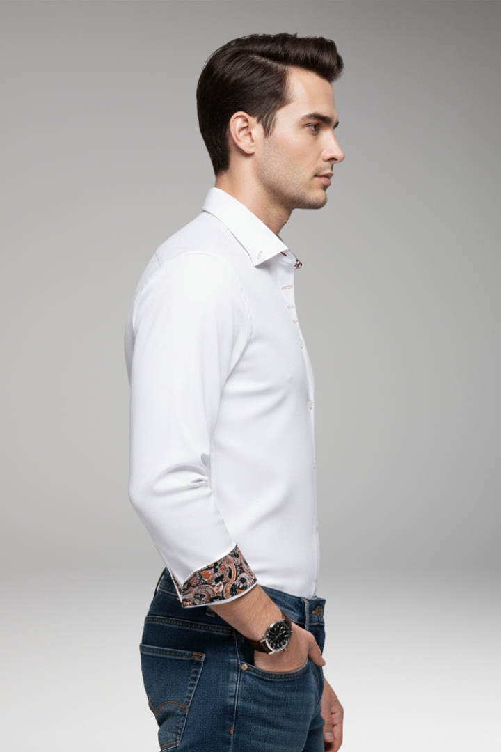 Men's Shirt with Patterned Collar and Buttoned Cuffs