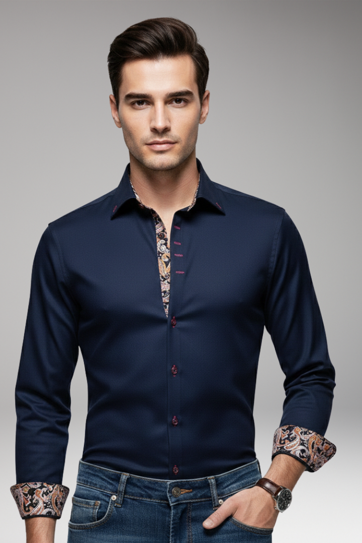 Men's Shirt with Patterned Collar and Buttoned Cuffs