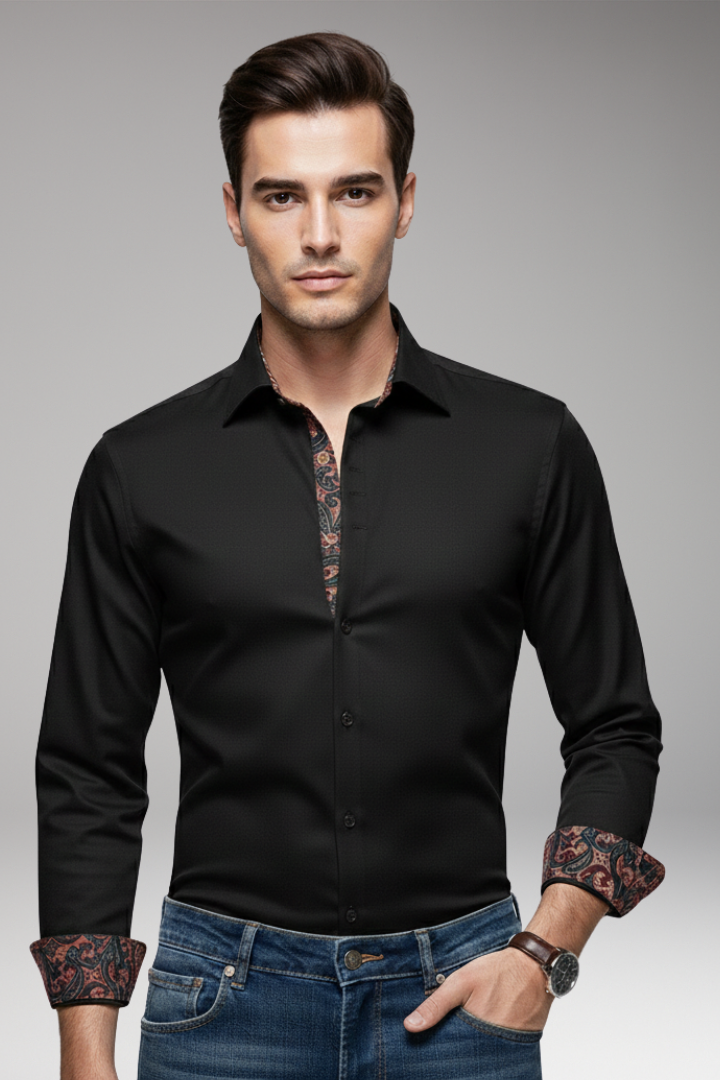 Men's Shirt with Patterned Collar and Buttoned Cuffs