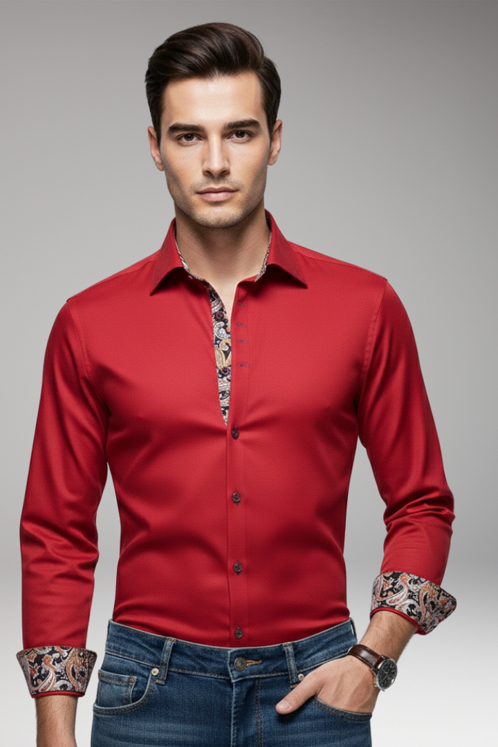 Men's Shirt with Patterned Collar and Buttoned Cuffs