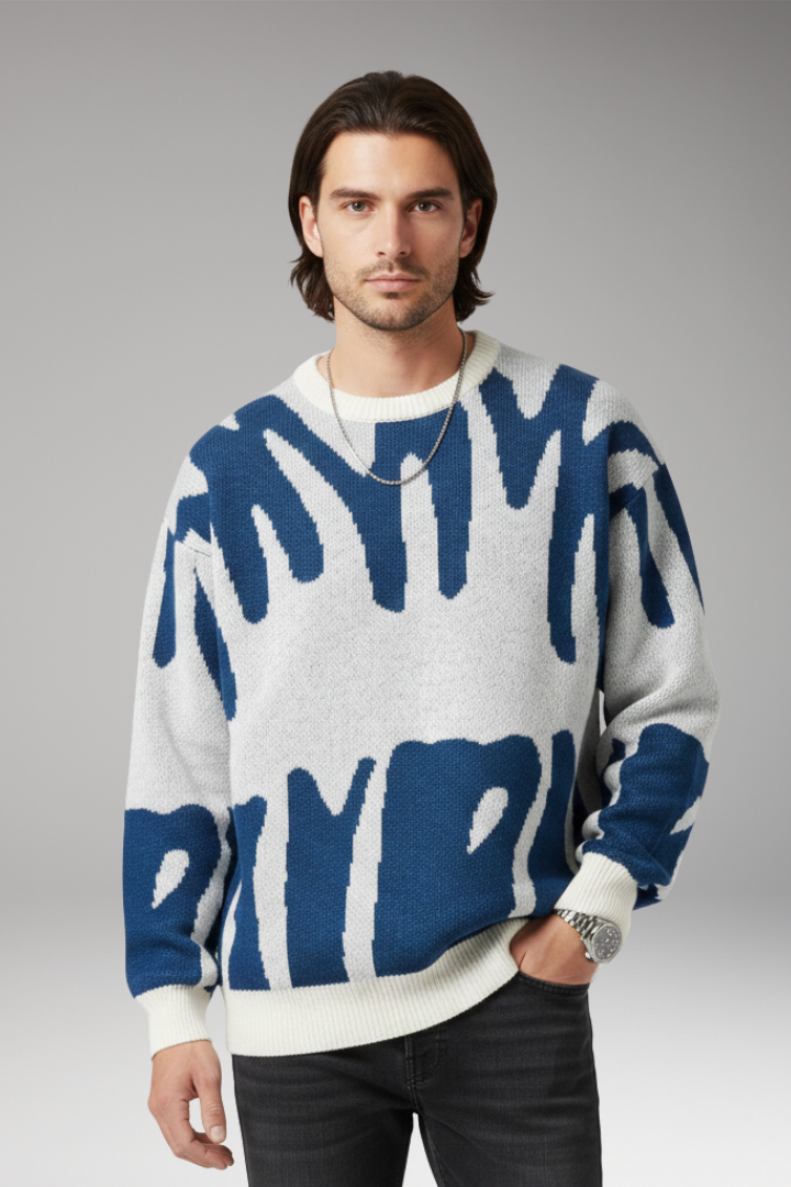 Men's Sweater with Abstract Print and Ribbed Details