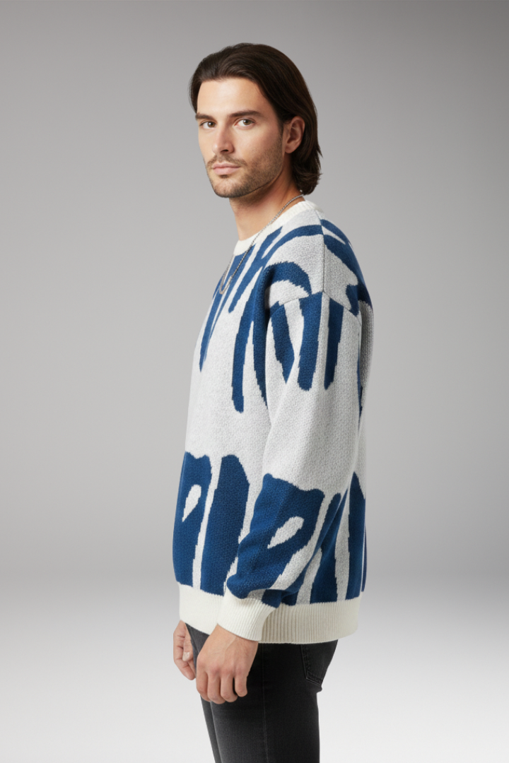 Men's Sweater with Abstract Print and Ribbed Details