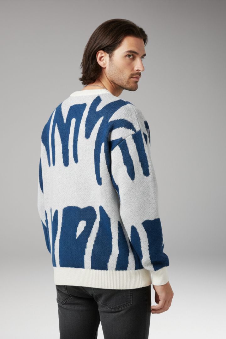 Men's Sweater with Abstract Print and Ribbed Details