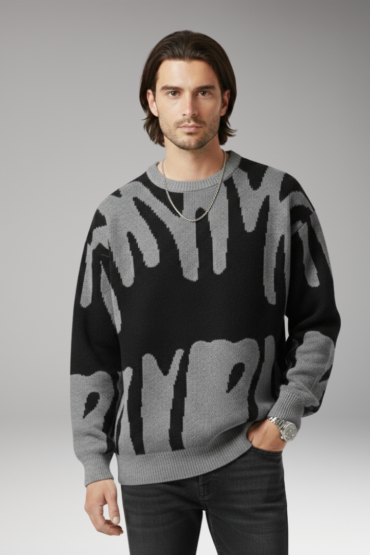 Men's Sweater with Abstract Print and Ribbed Details