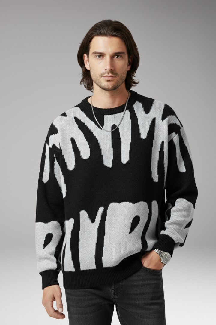 Men's Sweater with Abstract Print and Ribbed Details