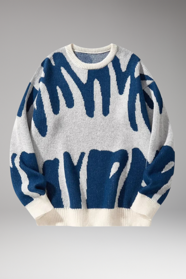Men's Sweater with Abstract Print and Ribbed Details