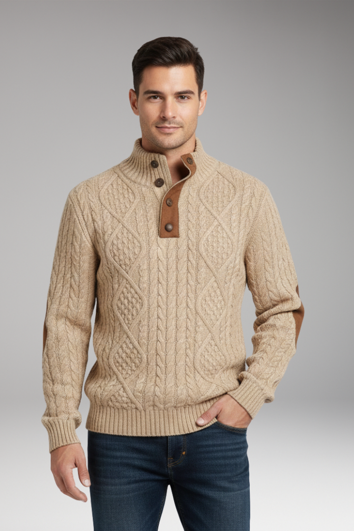 Men's Sweater with Buttoned Collar and Elbow Patches